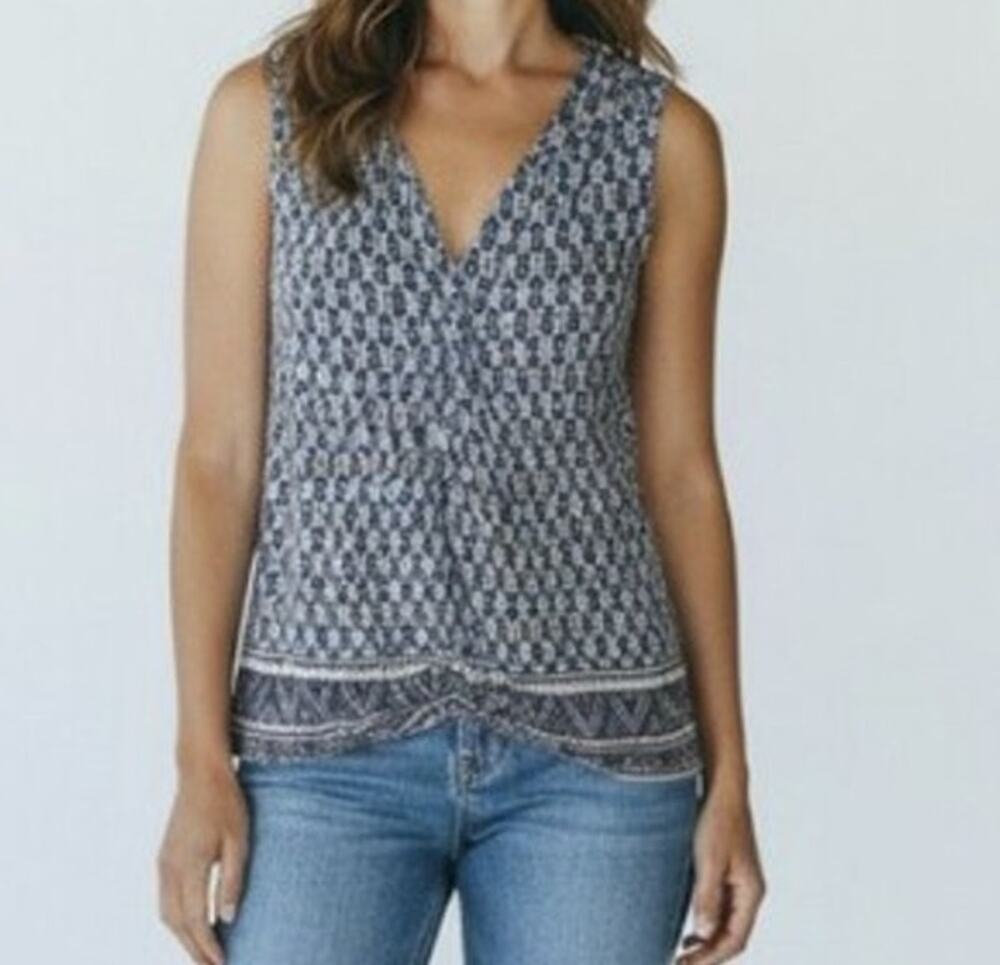 Kenar Womens Medium Sleeveless V Neck Top Blue Pattern 100% Rayon